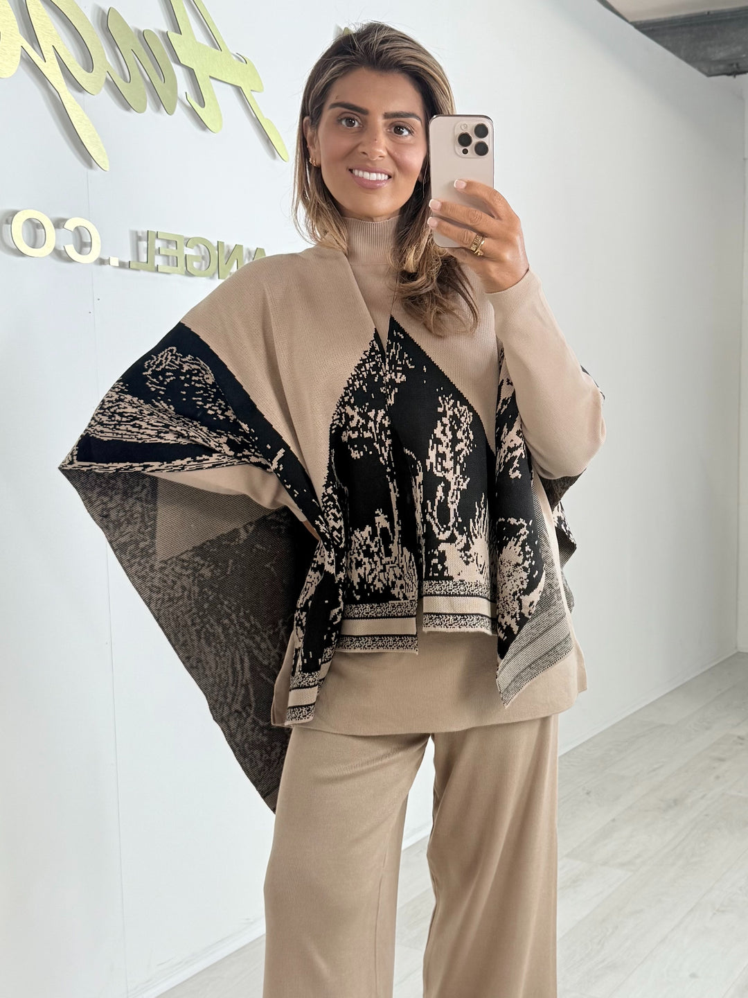 Camel Turtle Neck Lounge Suit & Black/Camel Matching Poncho