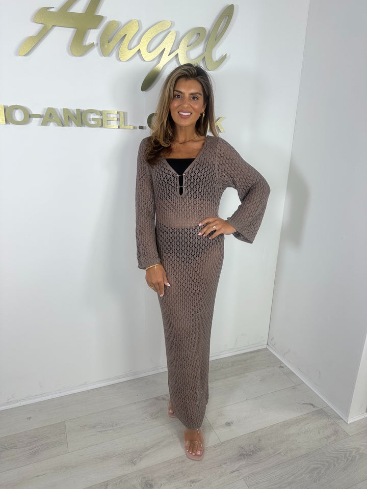 Taupe Crochet Bell Sleeve Beach Cover Up Dress