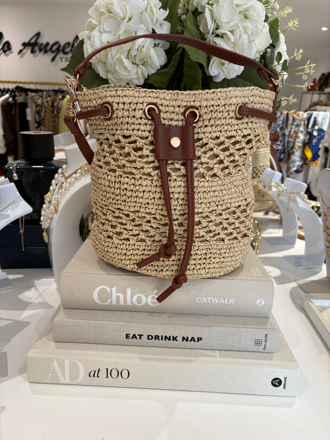 Straw Bucket Bag Faux Leather Strap
