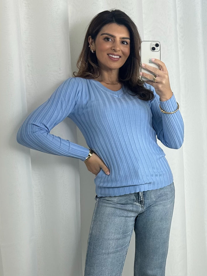 Ribbed V-Neck Long Sleeve Jumper (2 Colours)