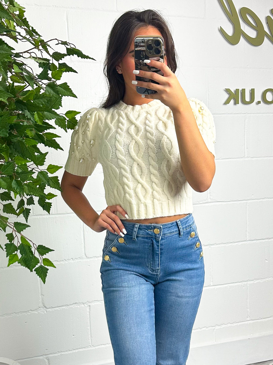 Knitted Puff Sleeve Pearl Detail Cropped Jumper ( 2 colours )