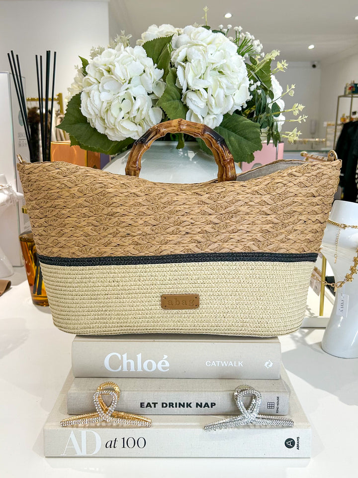 Two Tone Bamboo Detail Handle Woven Beach Bag (2 Colours)