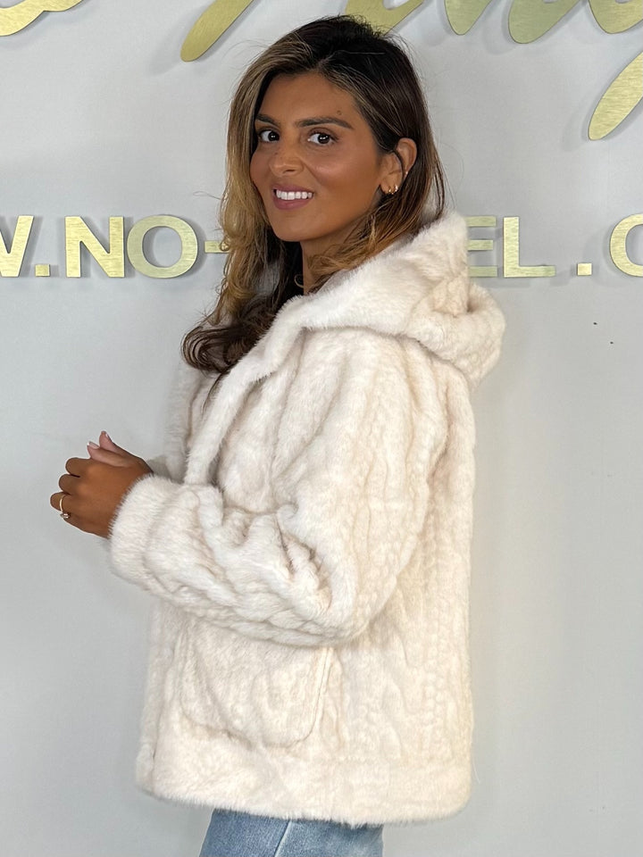 Faux Fur Cable Design Button Up Hooded Coat (2 Colours)