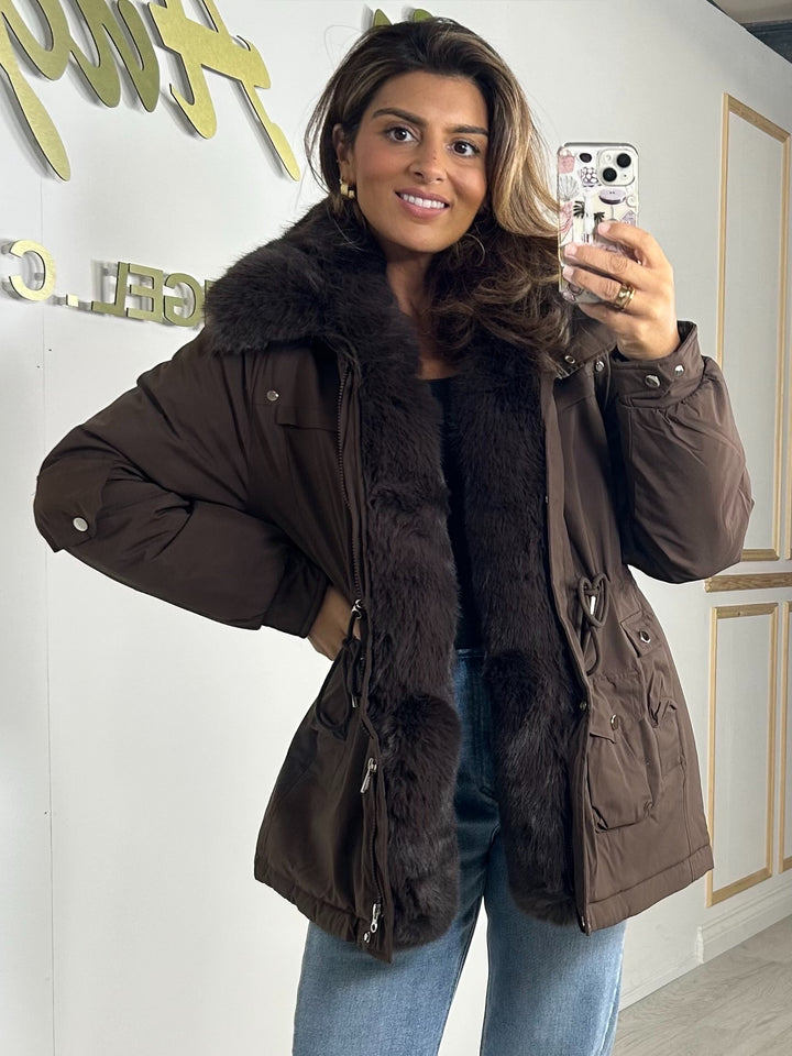 Brown Faux Fur Collared Drawstring Puffer Coat