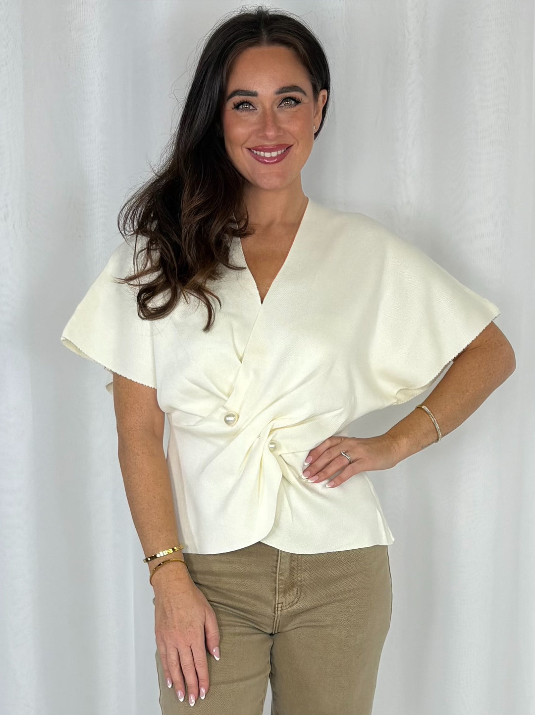 Kimono Style Sleeve Cinched In Pearl Detailed Top (5 Colours)