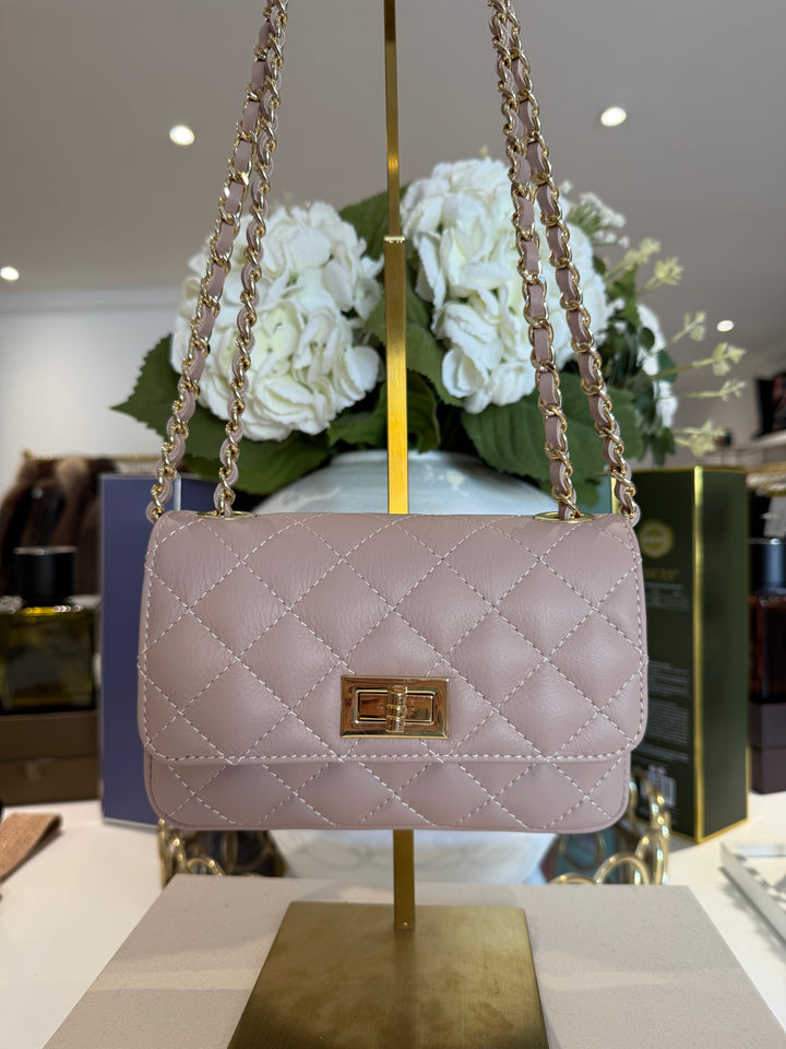 Genuine Leather Quilted Turn Lock Chain Handle Handbag (8 Colours)