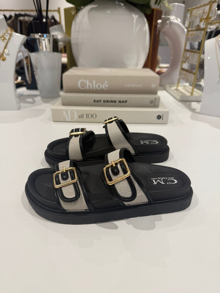 Double Buckle Contrast Woven Sandals (2 Colours)