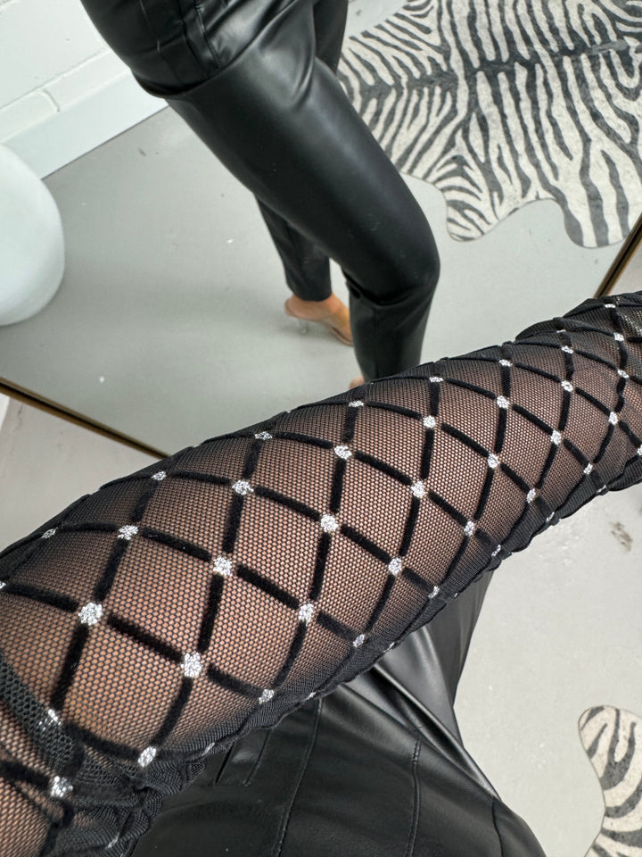 Black Mesh Long Sleeve Diamante Check Detail Bodysuit