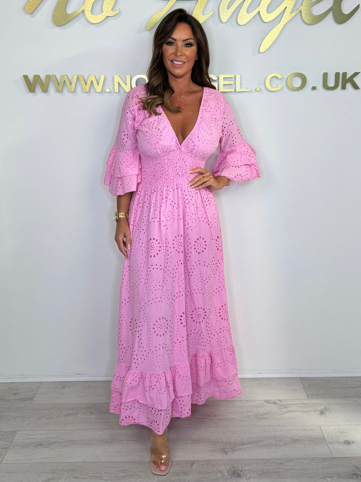 V-Neck Embroidery Anglaise Maxi Dress (8 Colours)