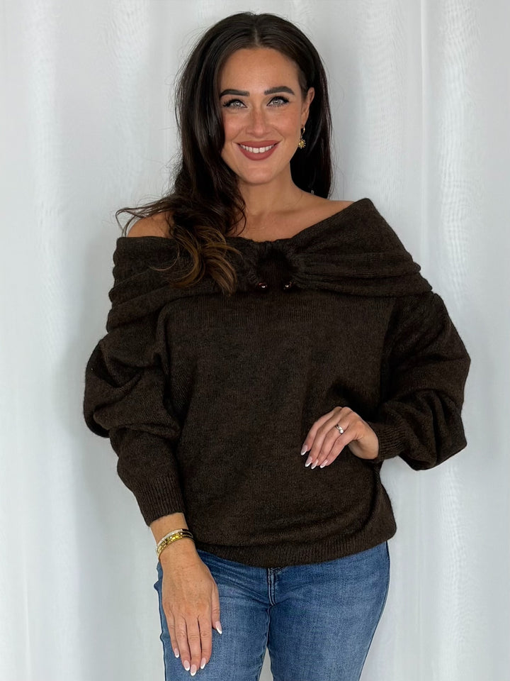 Off The Shoulder Bead Detail Knit Jumper (3 Colours)