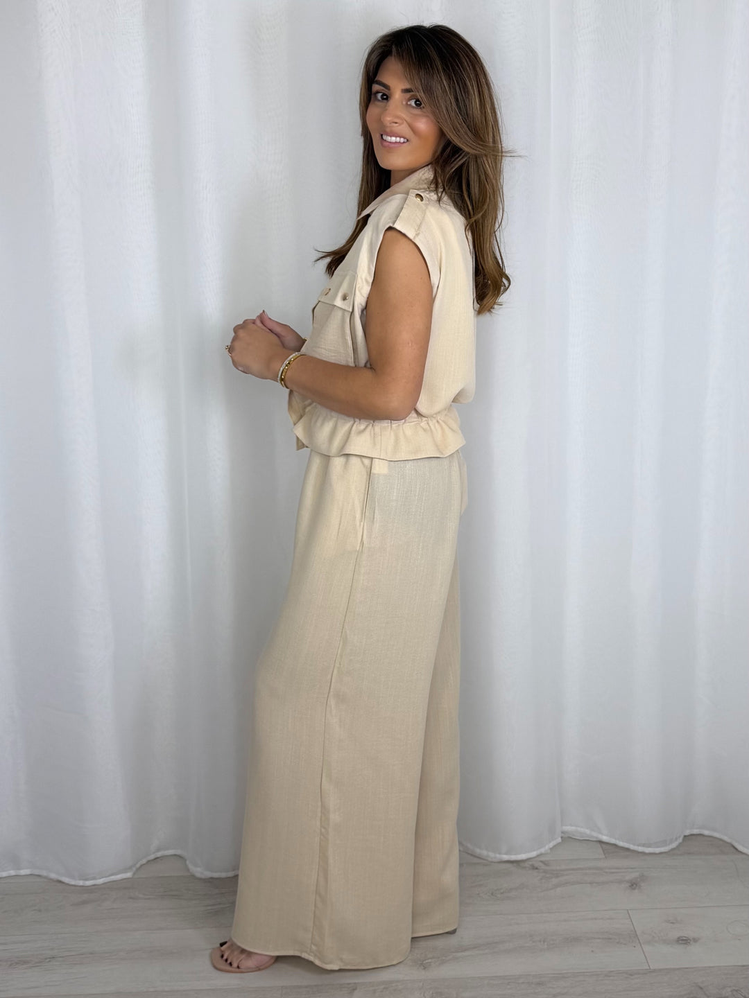 Beige Sleeveless Gold Button Trouser Co-Ord
