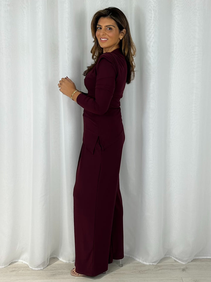 Shoulder Pad Long Sleeve Ruched Gold Hardware Trouser Co-Ord (4 Colours)