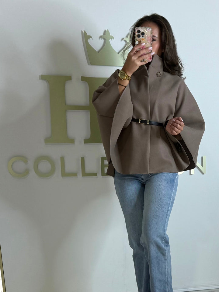 Taupe Belted Funnel Neck Cape