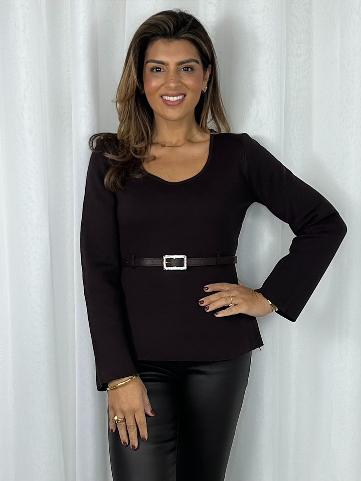 Square Neck Belted Flat Knit Top (3 Colours)