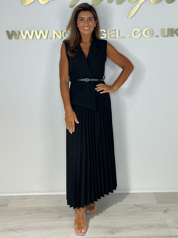 Sleeveless Collared Belted Pleated Bottom Dress (3 Colours)