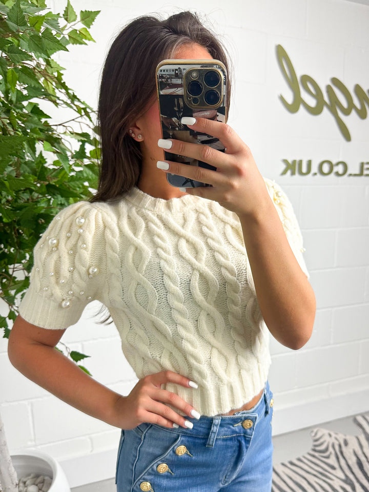 Knitted Puff Sleeve Pearl Detail Cropped Jumper ( 2 colours )