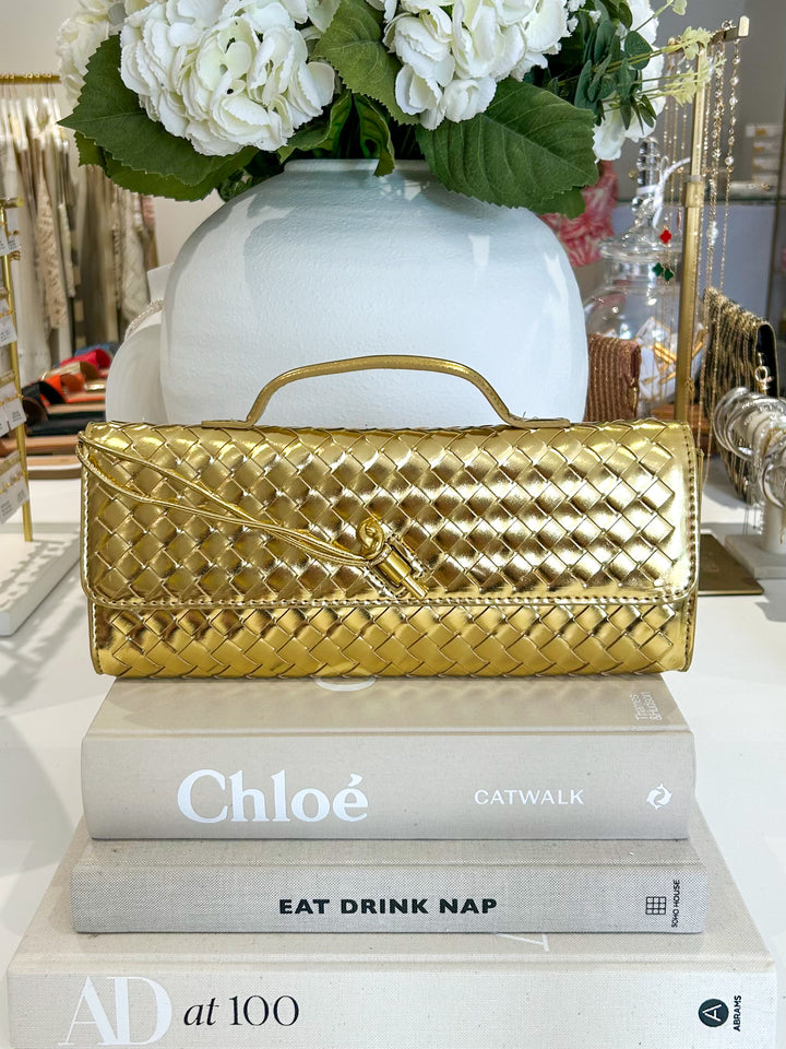 Woven Rectangle Envelope Gold Rod Fasten Clutch Bag (10 Colours)