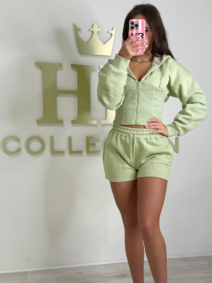 Hooded Corset Top Zip Up Tracksuit Shorts Co-ord (4 Colours)