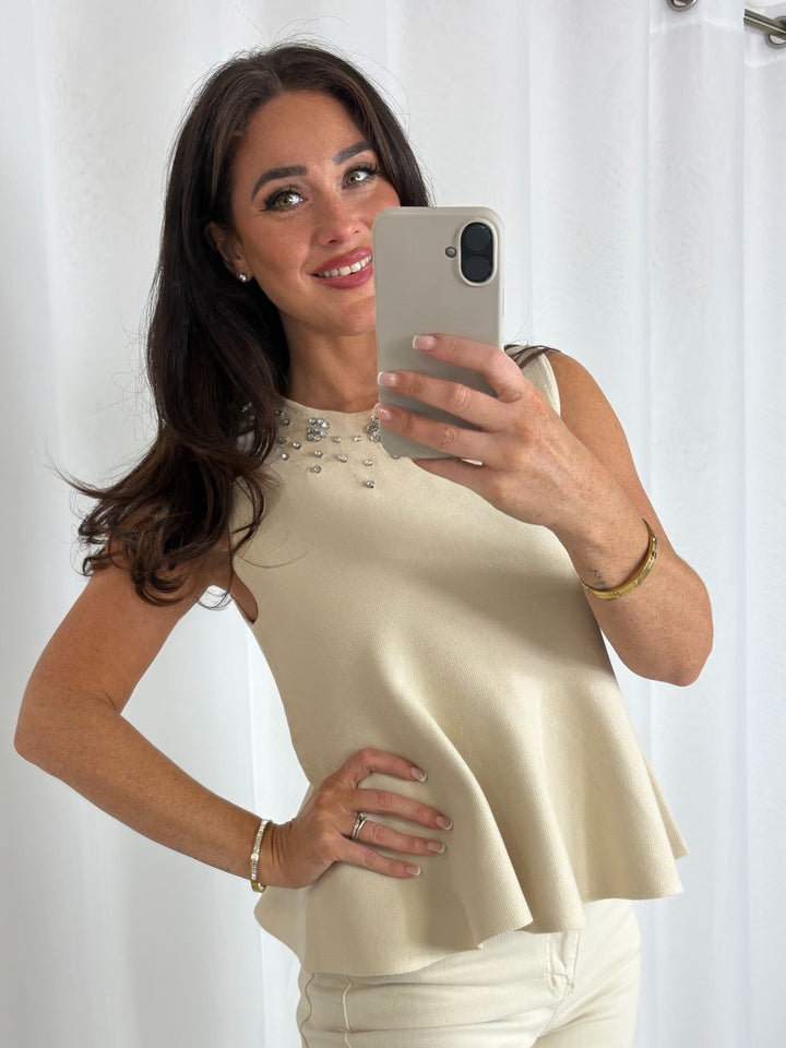 Flat Knit Peplum Top With Jewelled Detailed Neckline (2 Colours)