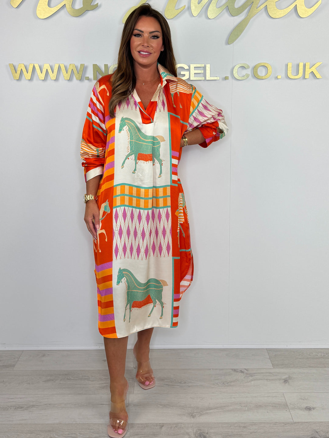 Silk Mix Orange/Cream Horse Print V-Neck Oversize Dress