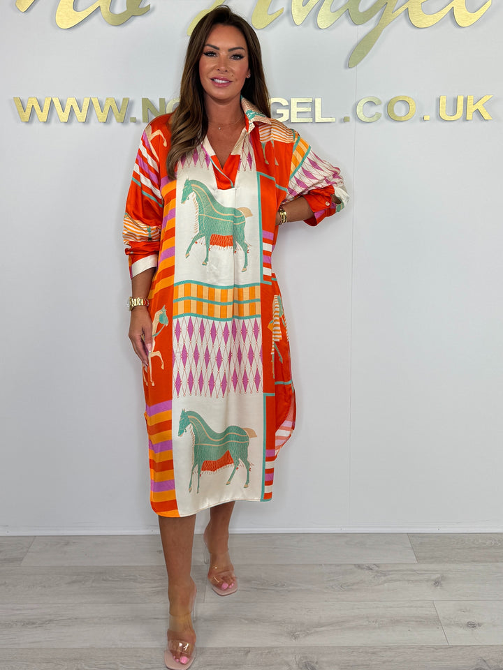 Silk Mix Orange/Cream Horse Print V-Neck Oversize Dress