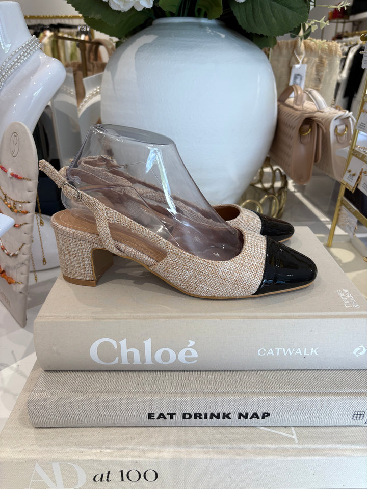 Block Heel Sling Back Black/Sand