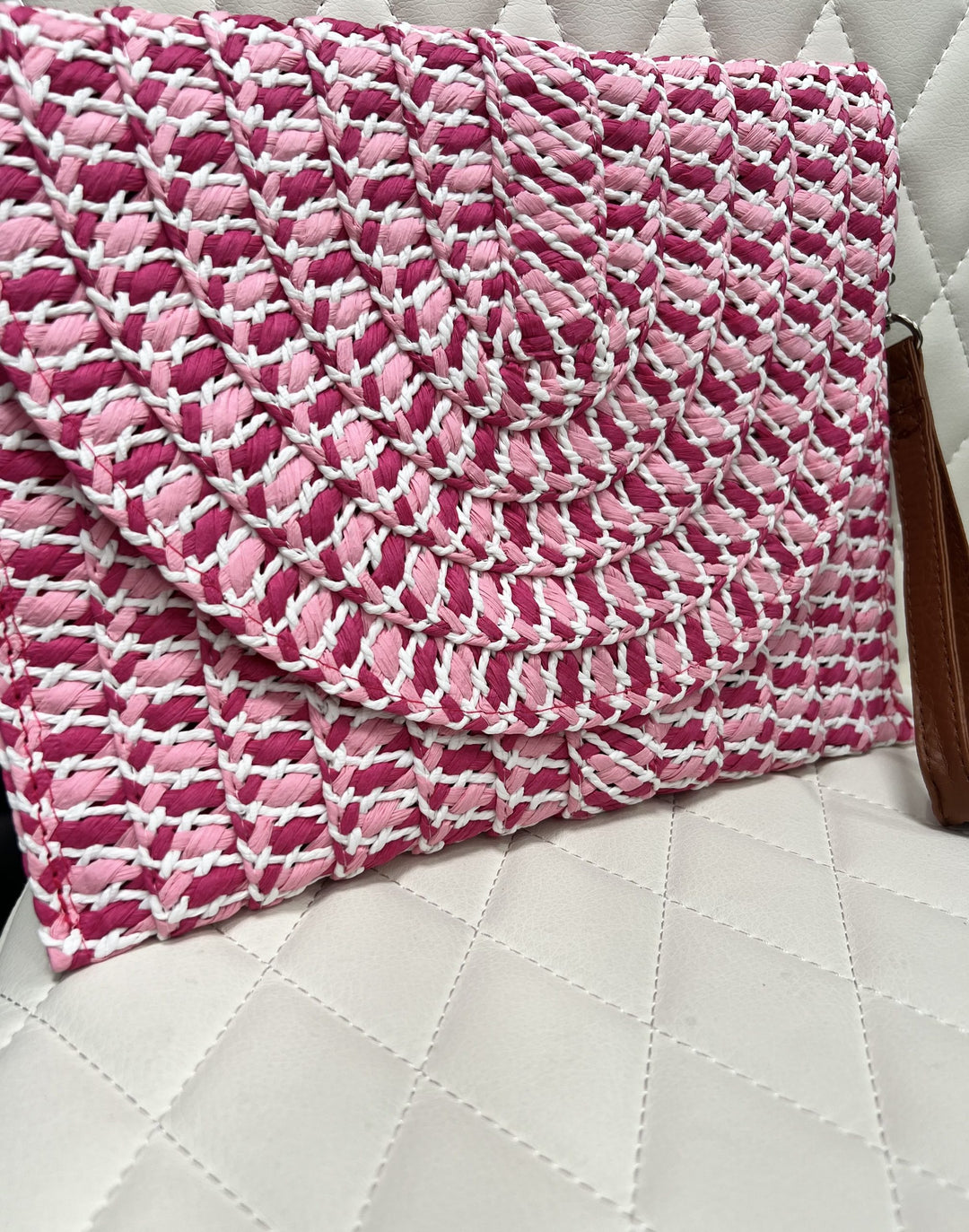 Pink Flecked Woven Straw Envelope Clutch Bag