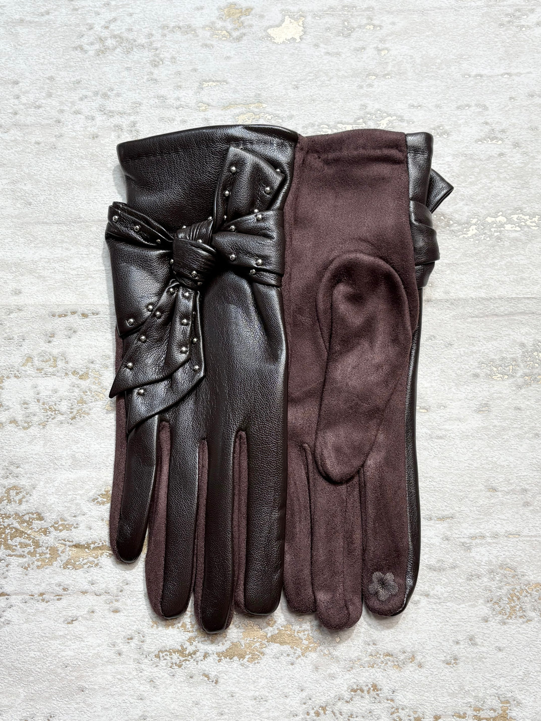 Faux Leather Gloves Studded With Bow (6 Colours)