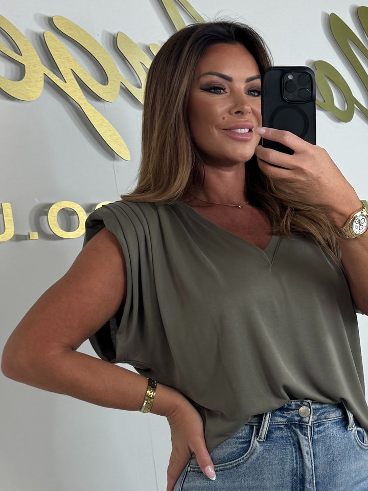 V-Neck Shoulder Pad Ruched T-shirt (4 Colours)