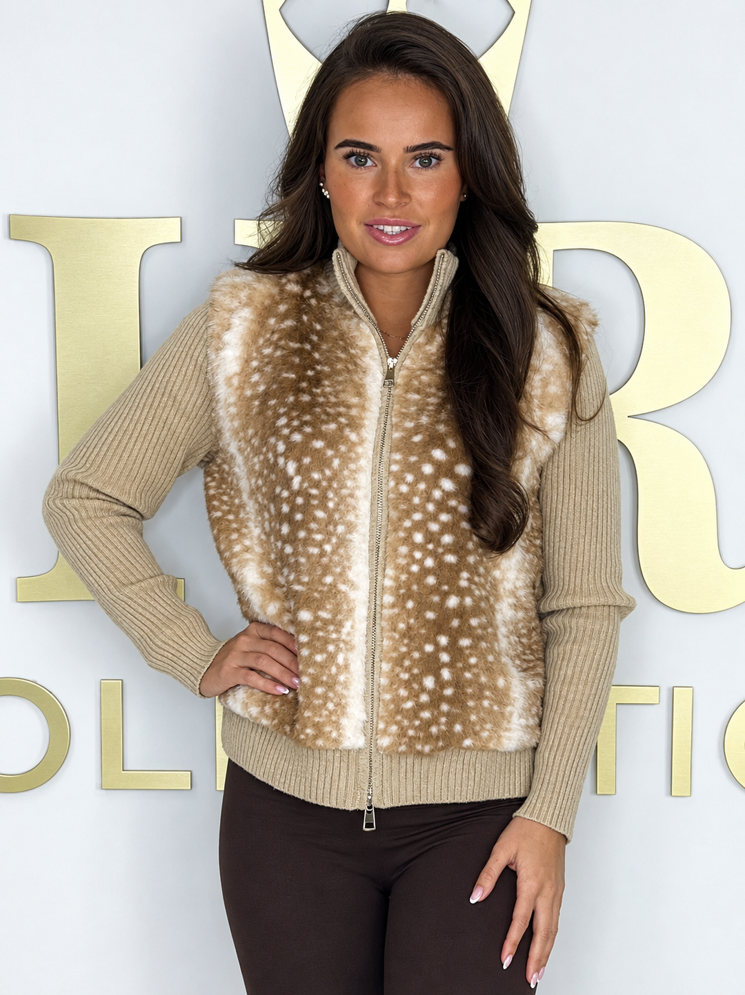 Bambi Beige Faux Fur Ribbed Cardigan