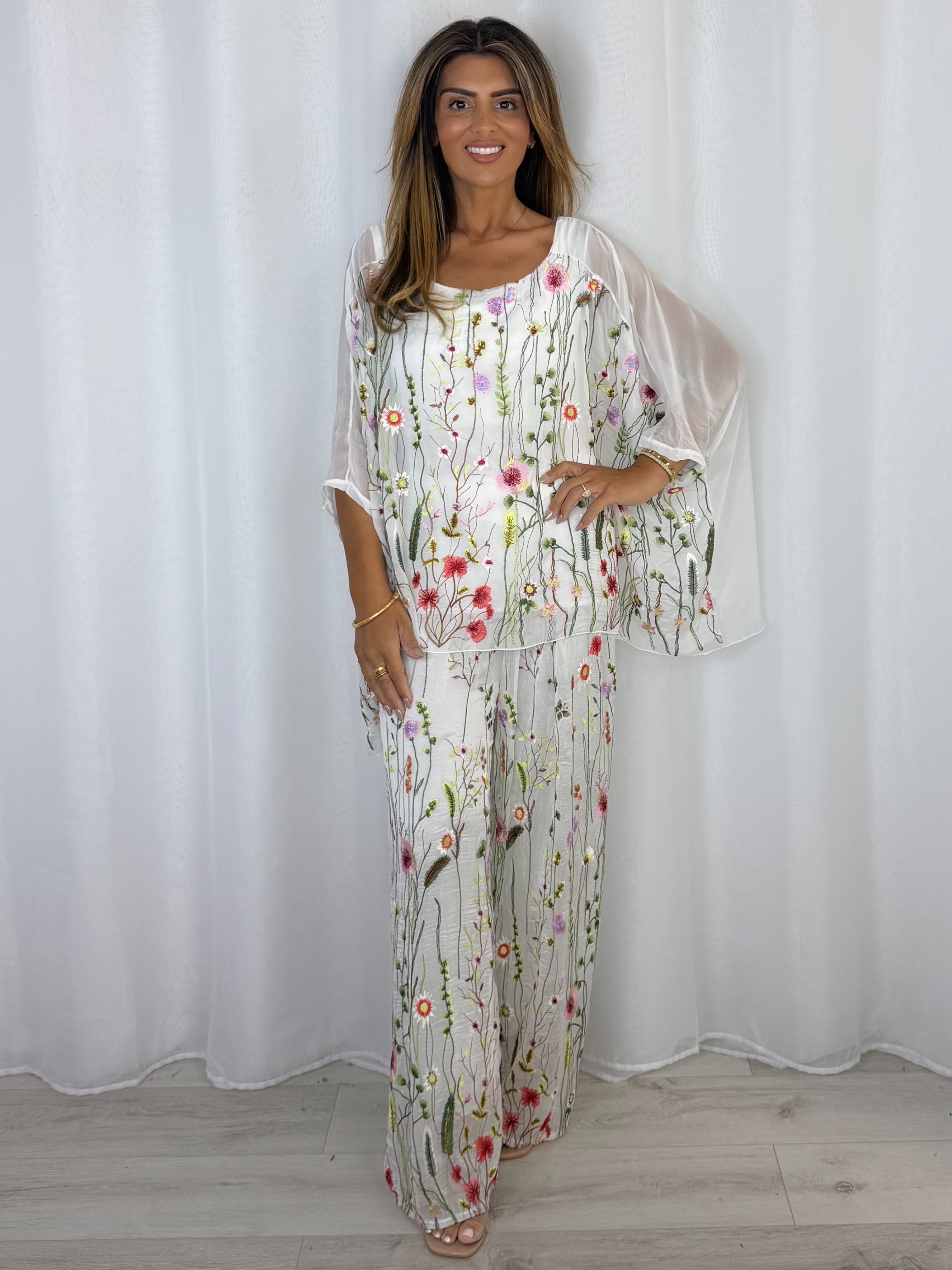 Flower Embroidered Silk Top And Trouser Co-Ord (2 Colours) – No Angel ...