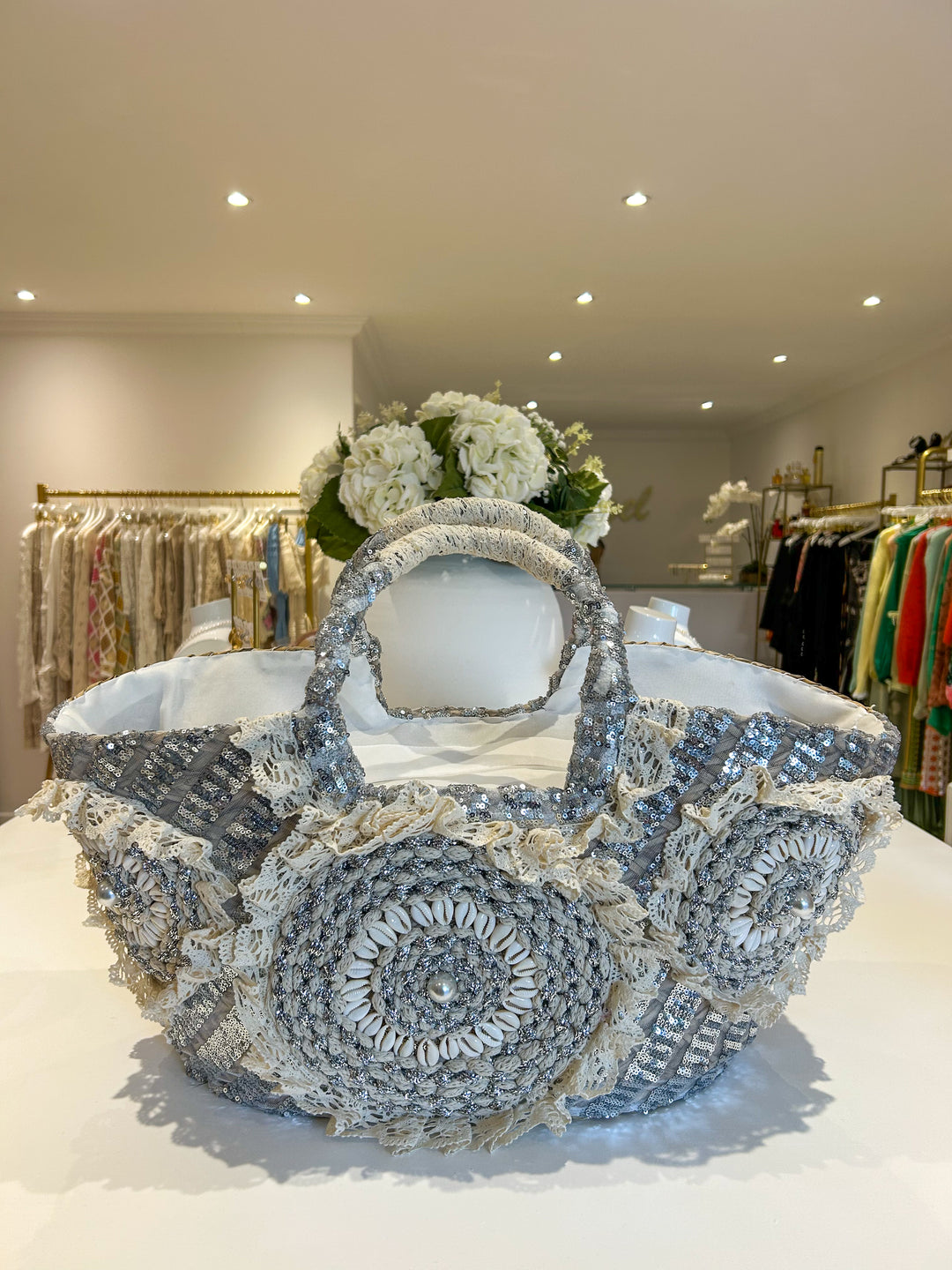 Shell Detail Shimmer Lace Woven Beach Bag (2 Colours)