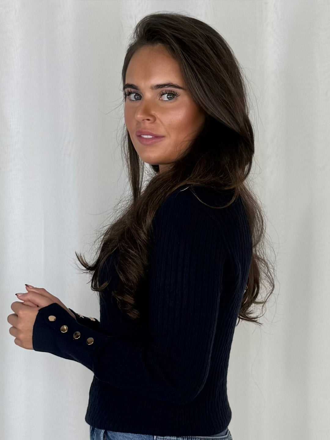 Fine Ribbed Knit Gold Button Cuff Jumper (6 Colours)