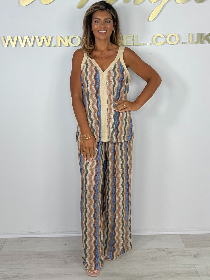 Zigzag Wavy Detail Gold Fleck Floaty Vest Top & Trouser Co-ord