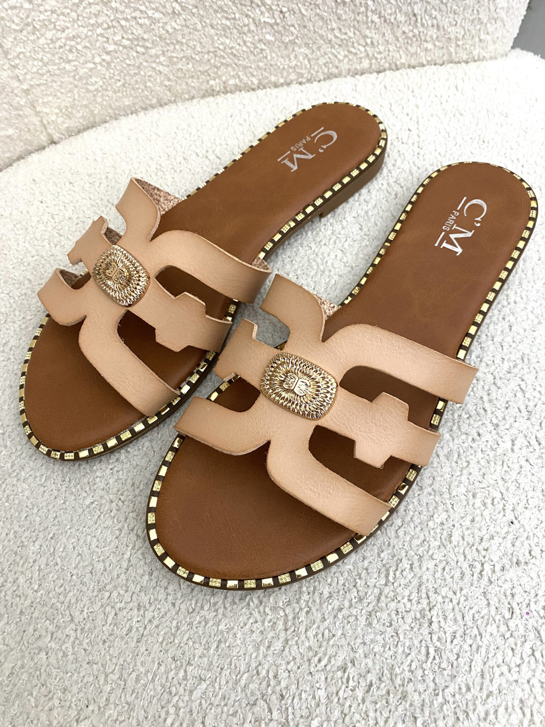 Nude & Gold Leather Look Slider Sandals