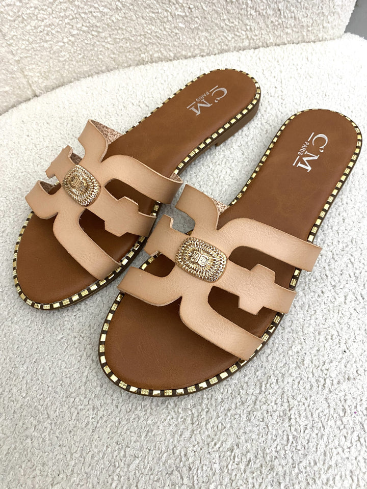 Nude & Gold Leather Look Slider Sandals