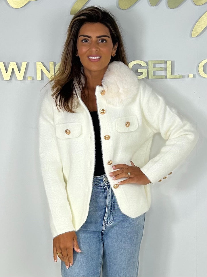 Faux Fur Neck Knit Gold Button Jacket (2 Colours)