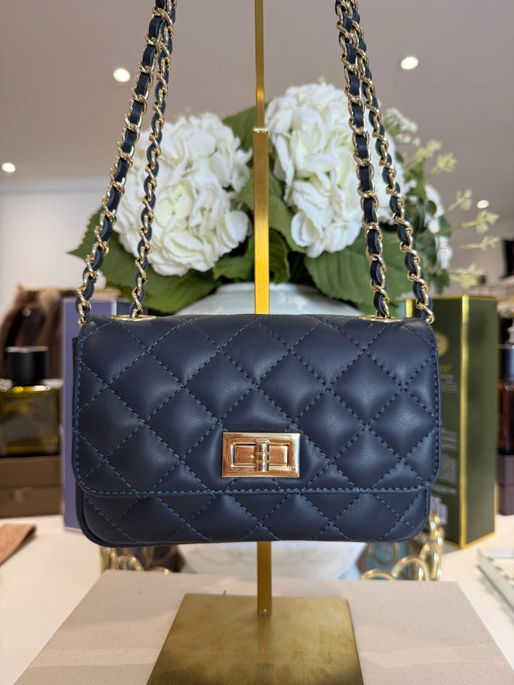 Genuine Leather Quilted Turn Lock Chain Handle Handbag (8 Colours)