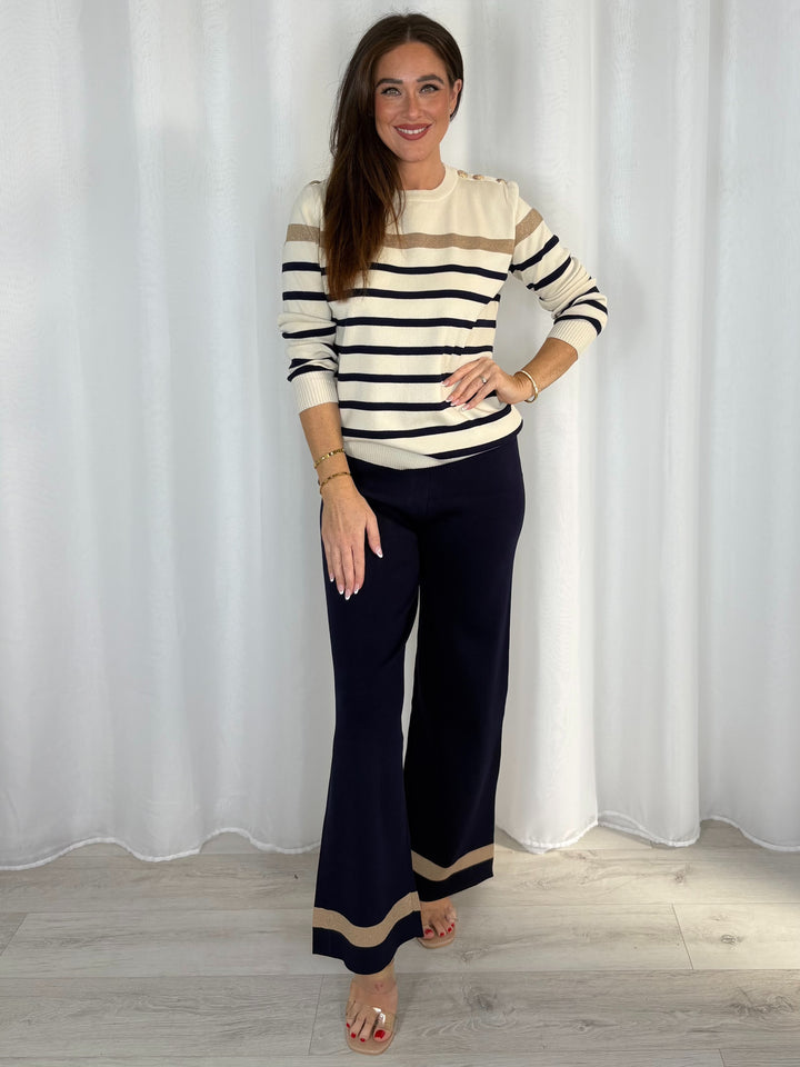 Striped Jumper With Gold Button Detail And Straight Leg Trouser Co-Ord (4 Colours)