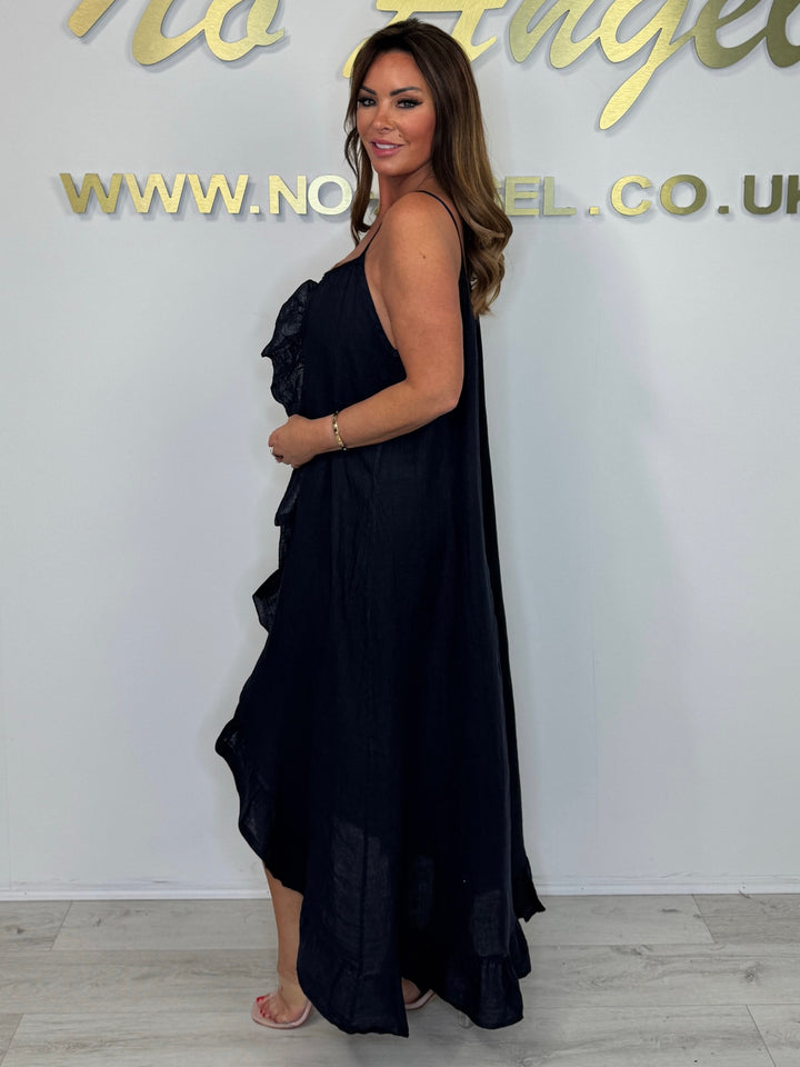 Linen Spaghetti Ruffle Detail Maxi High Low Dress (3 Colours)