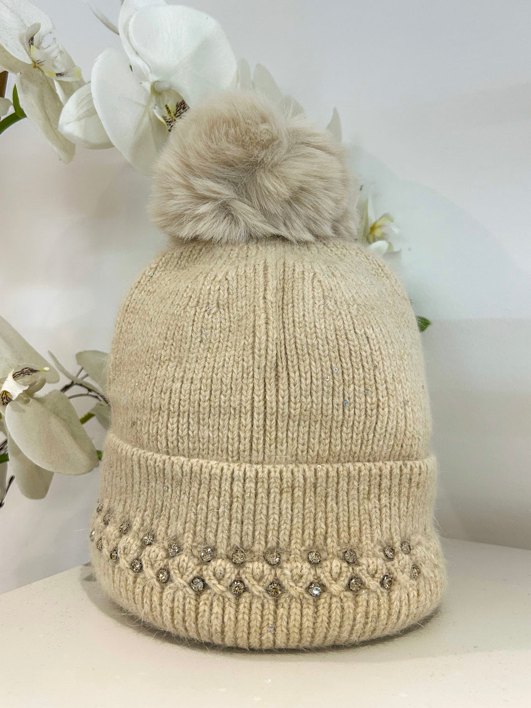 Knit Diamante Sequin Detail Bobble Hat (3 Colours)