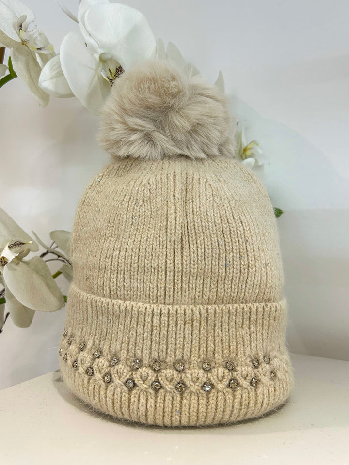 Knit Diamante Sequin Detail Bobble Hat (3 Colours)