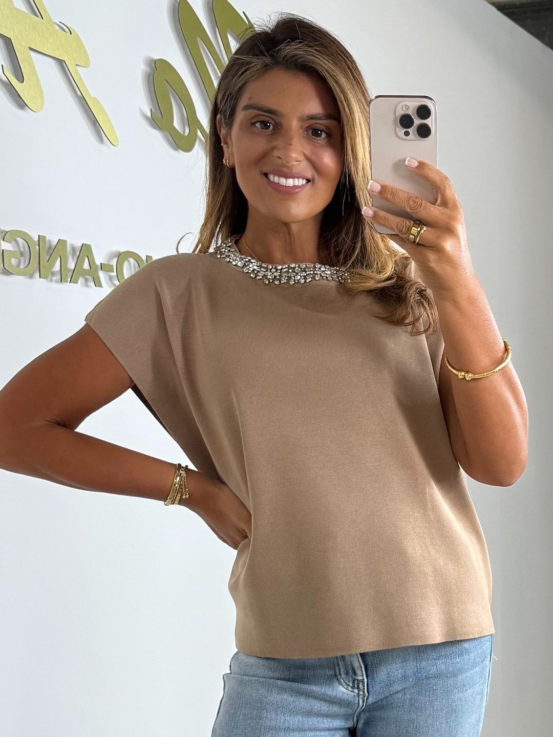 Jewelled Neckline Cap Sleeve Top (4 Colours)