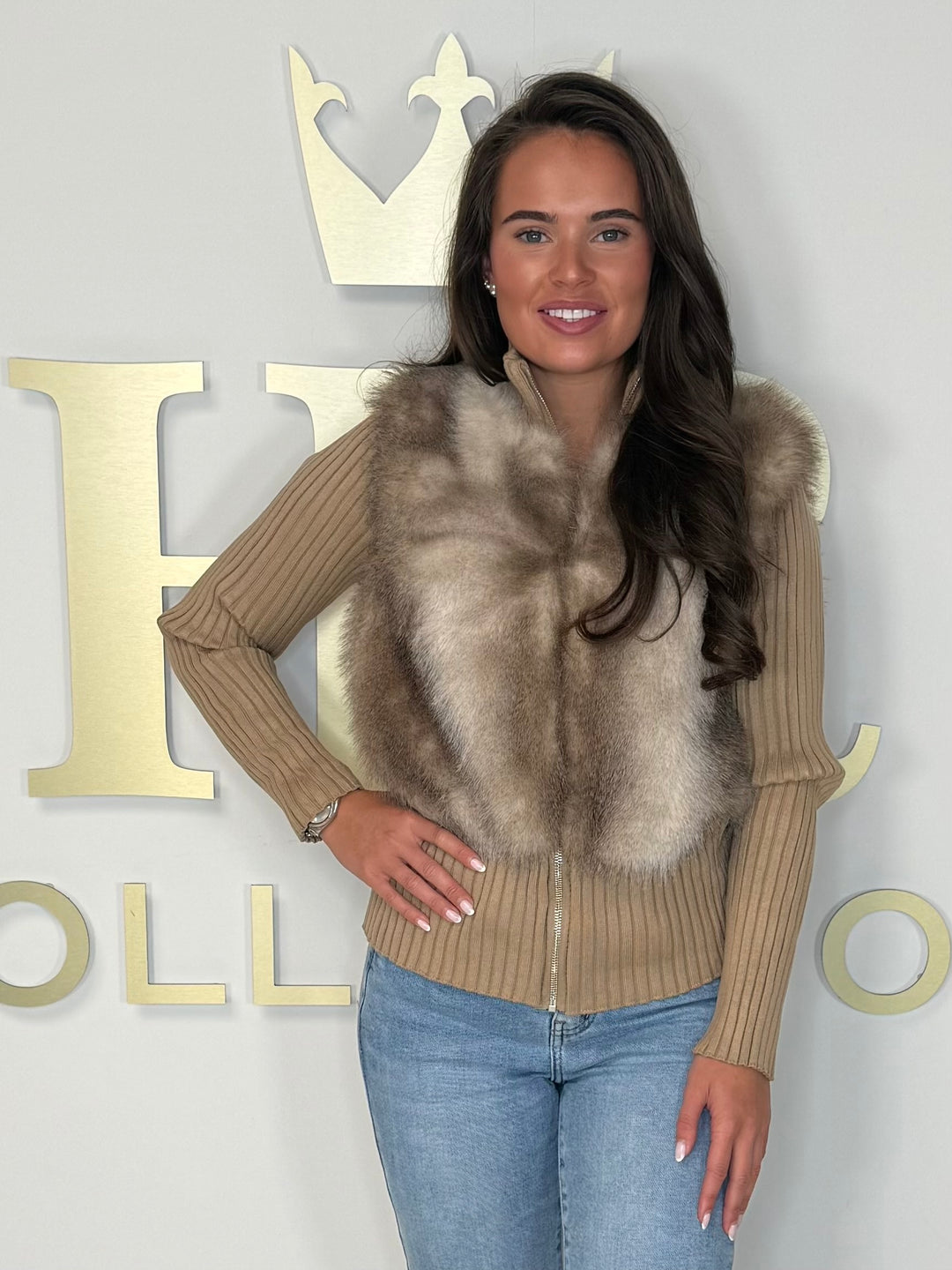Ribbed Faux Fur Zip Up Cardigan
