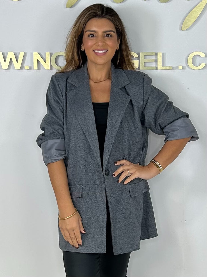 Herringbone Pattern One Button Longline Oversized Blazer (2 Colours)