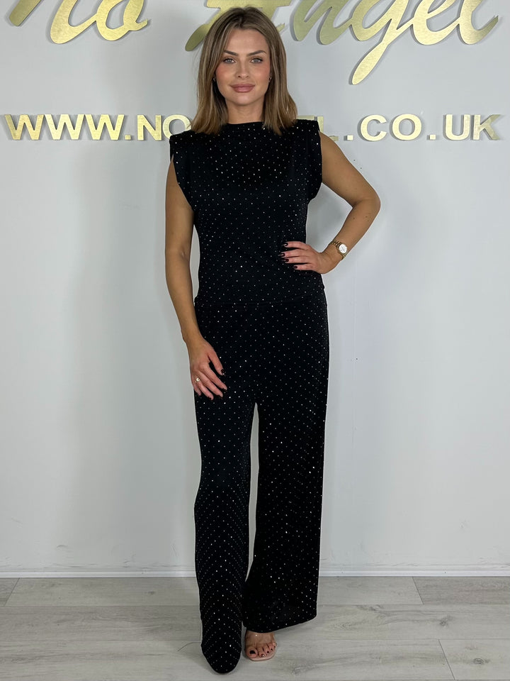 Scattered Diamante Sleeveless Shoulder Padded Trouser Co-Ord (2 Colours)
