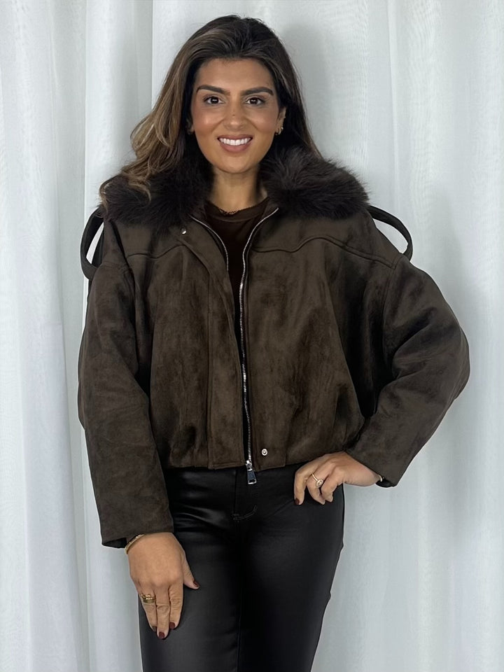 Brown Faux Suede Fur Collar Bomber Jacket