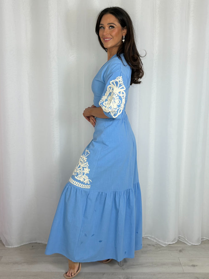 Puff Ball Sleeve Embroidered V-Neck Top And Maxi Skirt Co-Ord (4 Colours)
