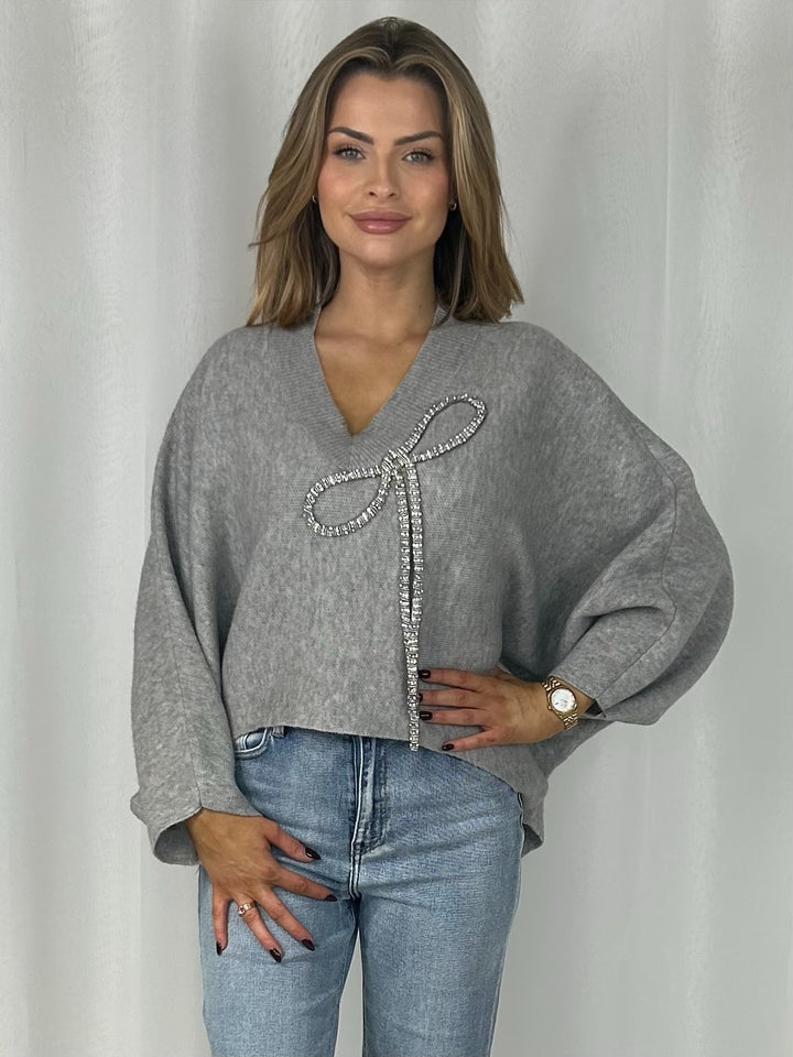 V-Neck Batwing Diamante Bow High Low Jumper (4 Colours)