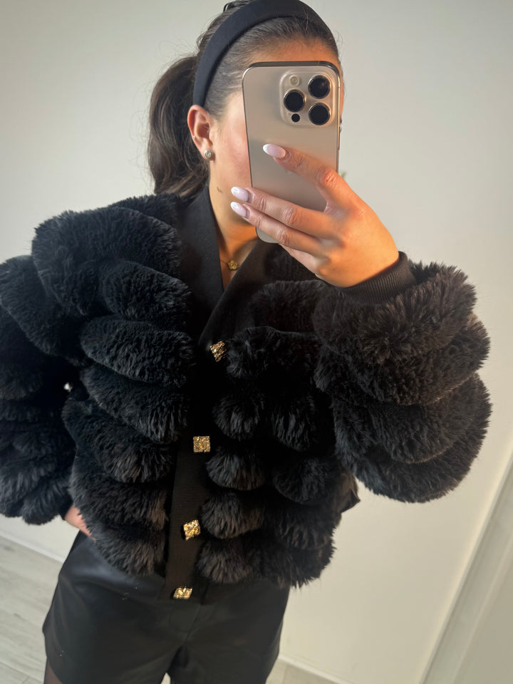 Faux Fur Bubble Detail Gold Button Cardigan (2 Colours)